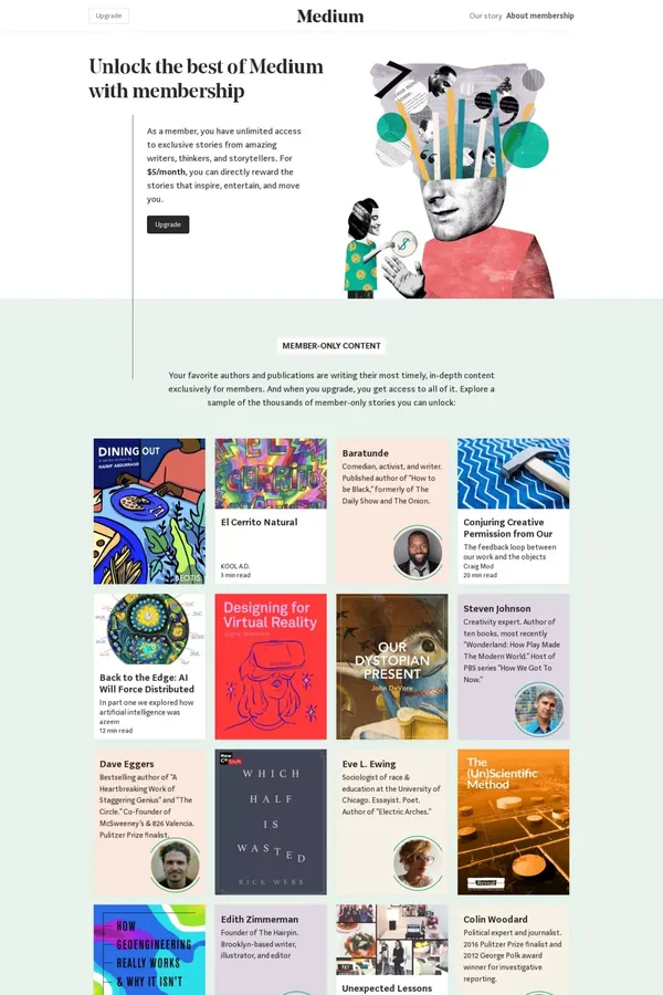 Upgrade and become a member of Medium - Landing design inspiration