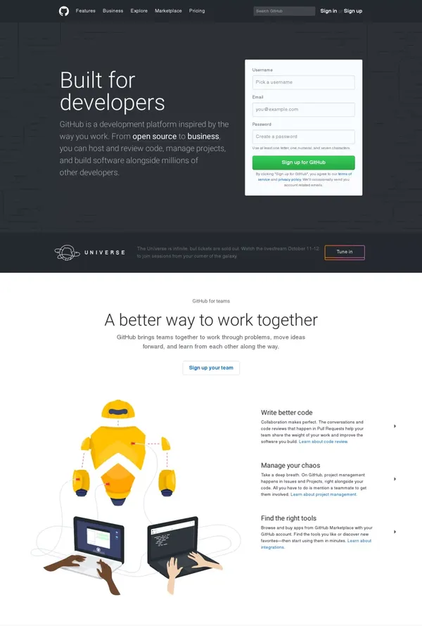 The world's leading software development platform · GitHub - Landing design inspiration