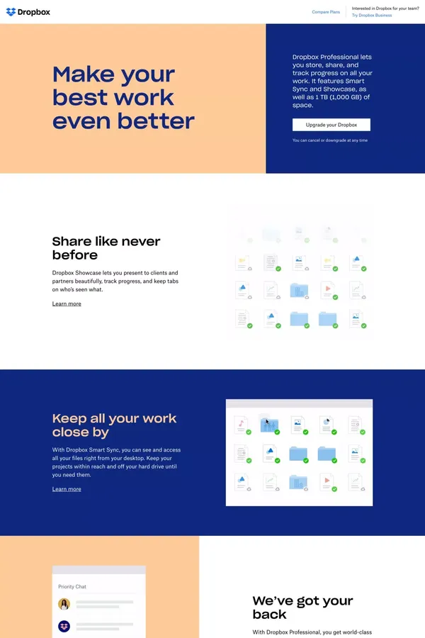 Upgrade for 1 TB of storage and time-saving extras - Dropbox - Landing design inspiration