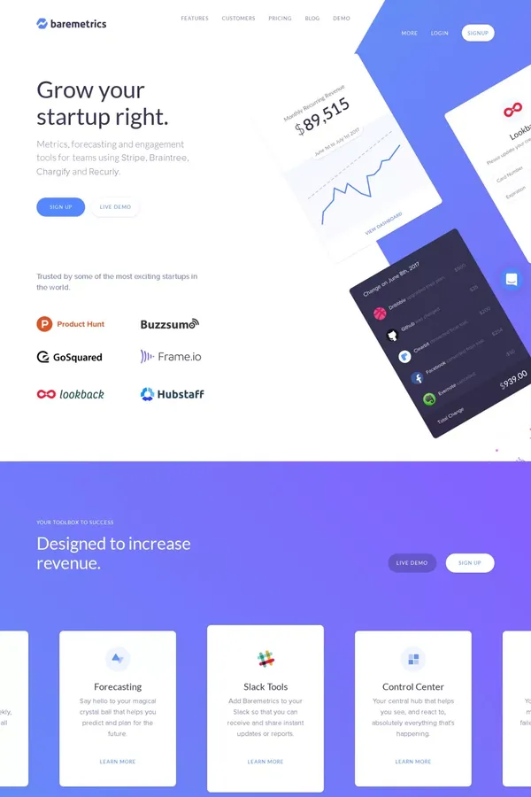 Baremetrics: Subscription Analytics & Insights for Stripe, Braintree, Recurly and more! - Landing design inspiration