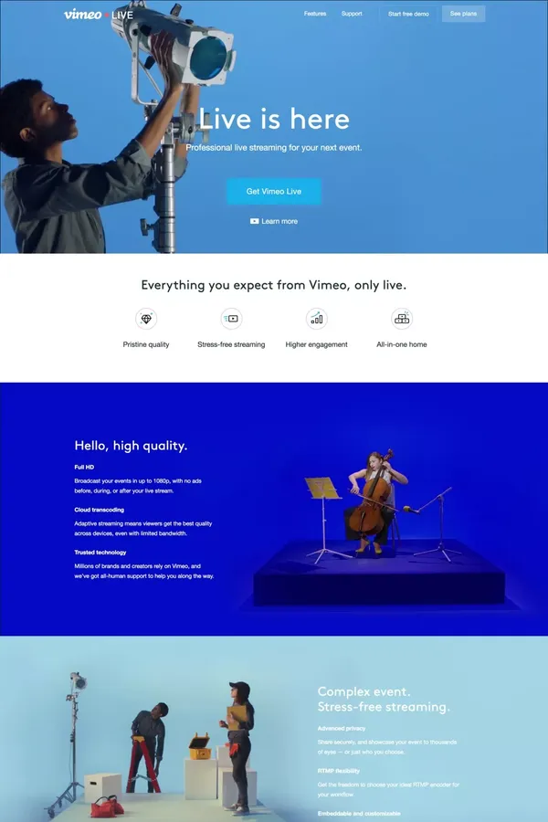 Vimeo Live | Professional live streaming for your next event - Landing design inspiration