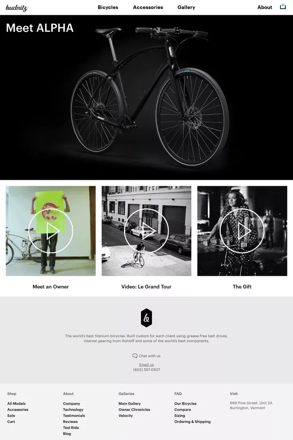 Budnitz Bicycles | High End Belt Drive Titanium City Bikes - Ecommerce design inspiration