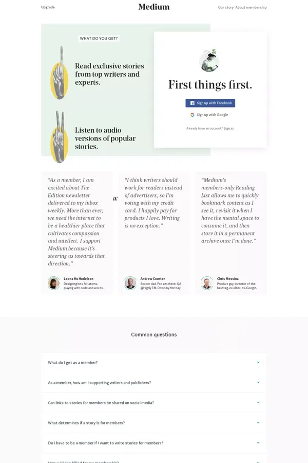 Medium membership - Upgrade to read exclusive stories - Landing design inspiration
