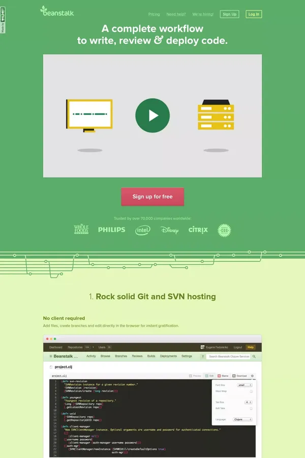 Beanstalk – A complete workflow to write, review & deploy code - Landing design inspiration