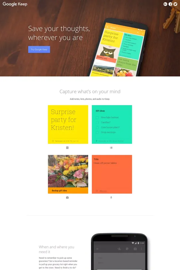 Meet Google Keep – Save your thoughts, wherever you are – Keep – Google - Landing design inspiration