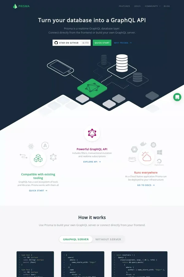 Prisma: Turn your database into a realtime GraphQL API - Landing design inspiration