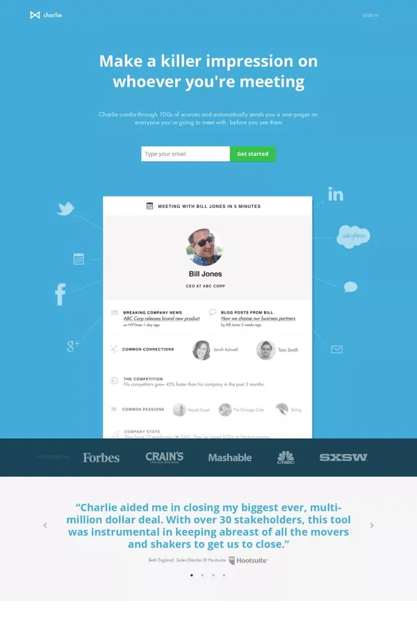 Charlie App | Make a killer impression on anyone you meet with - Landing design inspiration