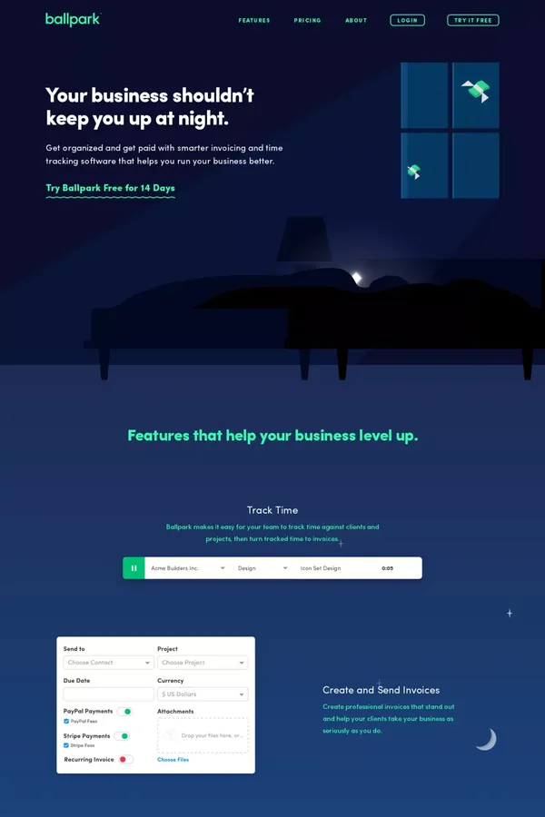 Online Invoicing, Time Tracking, and CRM Software - Ballpark - Landing design inspiration
