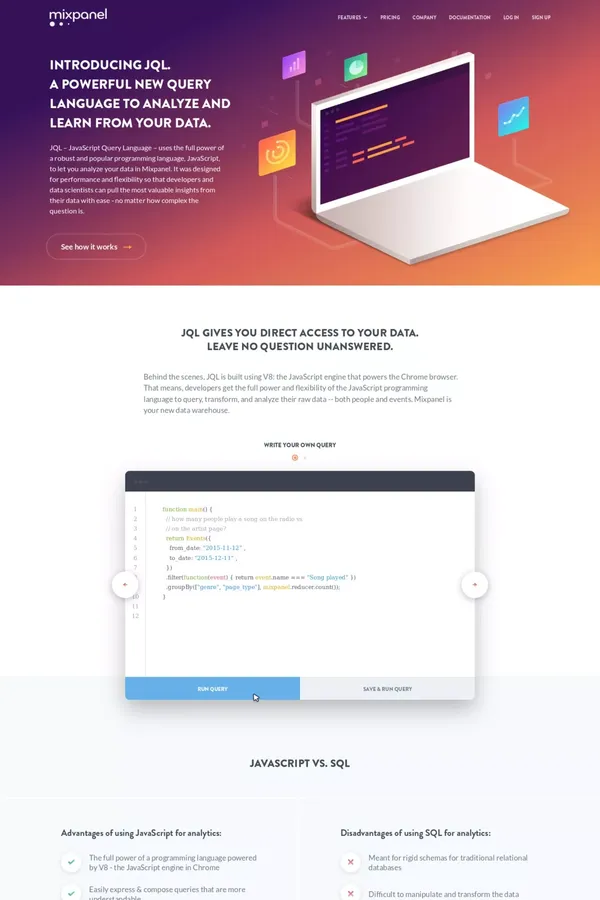 JQL - Mixpanel | Mobile Analytics - Landing design inspiration