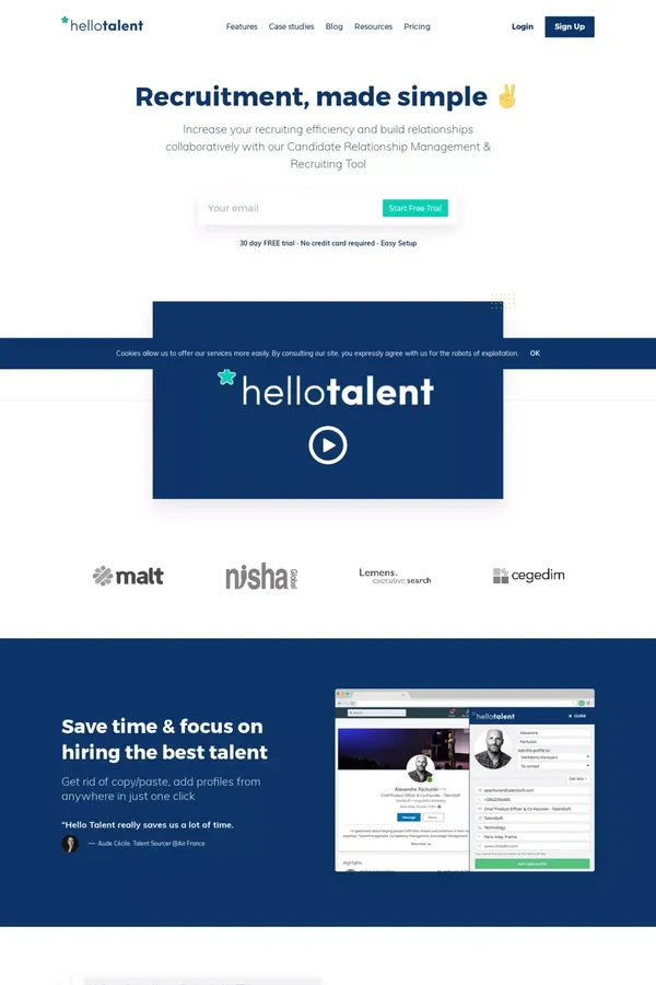 Hello Talent - Candidate Relationship & Recruiting Tool - Increase your recruiting efficiency and save time with Hello Talent. - website design inspiration