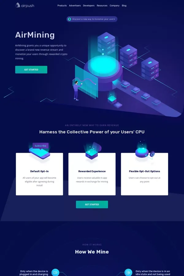 App Monetization with Rewarded Cryptocurrency Mining - AirMining - Landing design inspiration