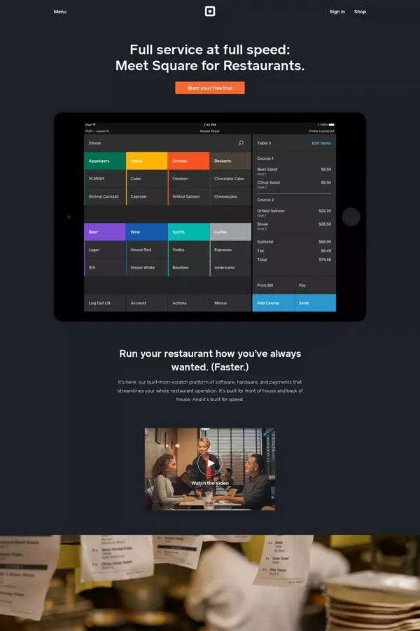 Restaurant POS System - POS Software for Restaurants | Square - Landing design inspiration