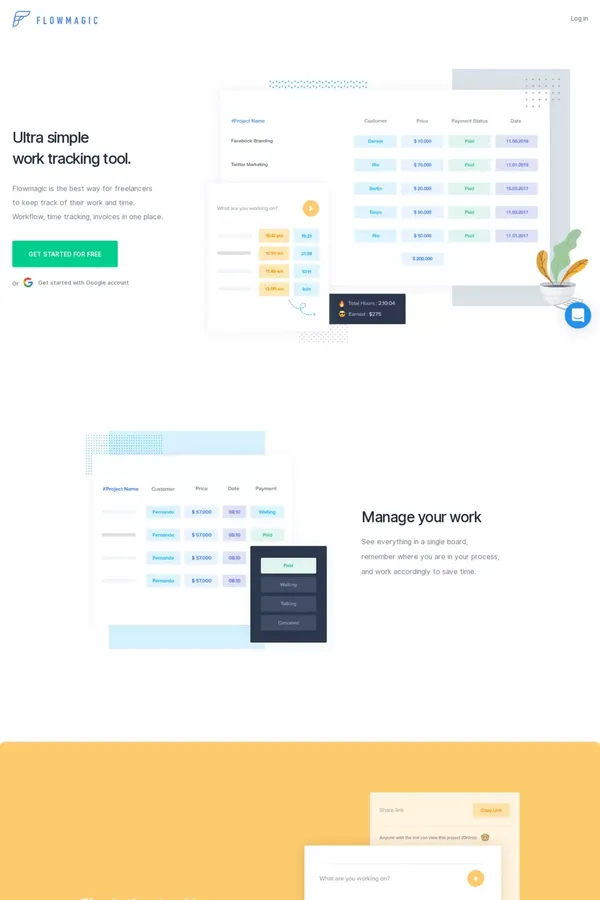 flowmagic | Simple work and time tracking for freelancers - Landing design inspiration