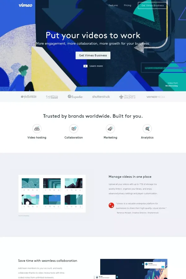 Business video hosting, marketing and analytics | Vimeo Business - Landing design inspiration