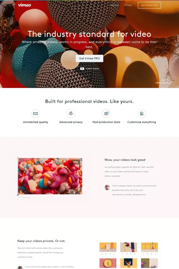 Video storage, professional review tools, and more | Vimeo PRO - Landing design inspiration
