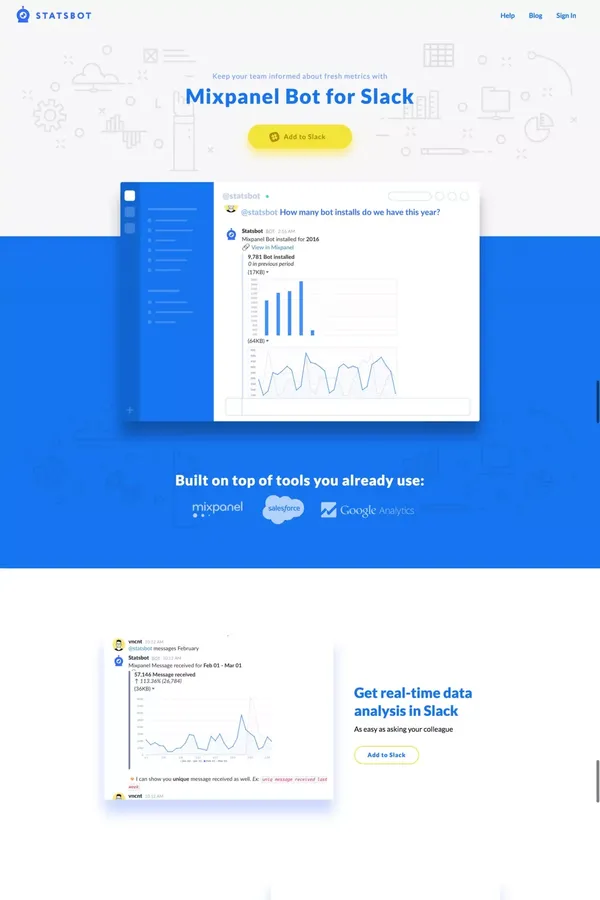 Statsbot for Mixpanel - Landing design inspiration