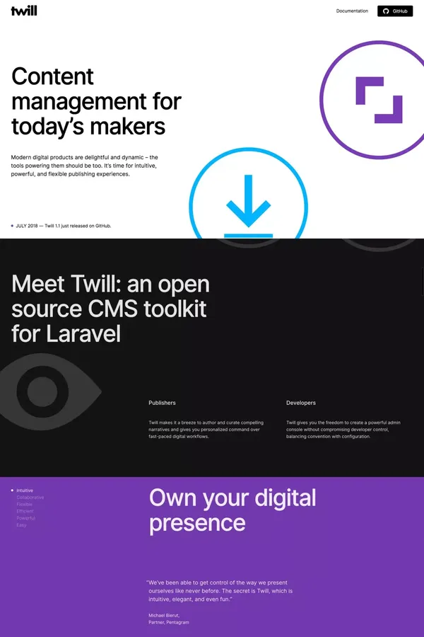 Twill — An open source CMS toolkit for Laravel - Landing design inspiration