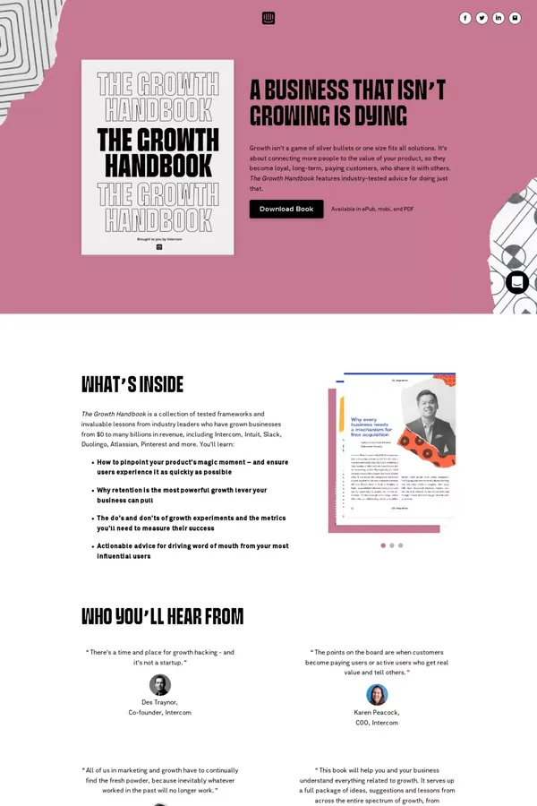 The Growth Handbook | brought to you by Intercom - Landing design inspiration