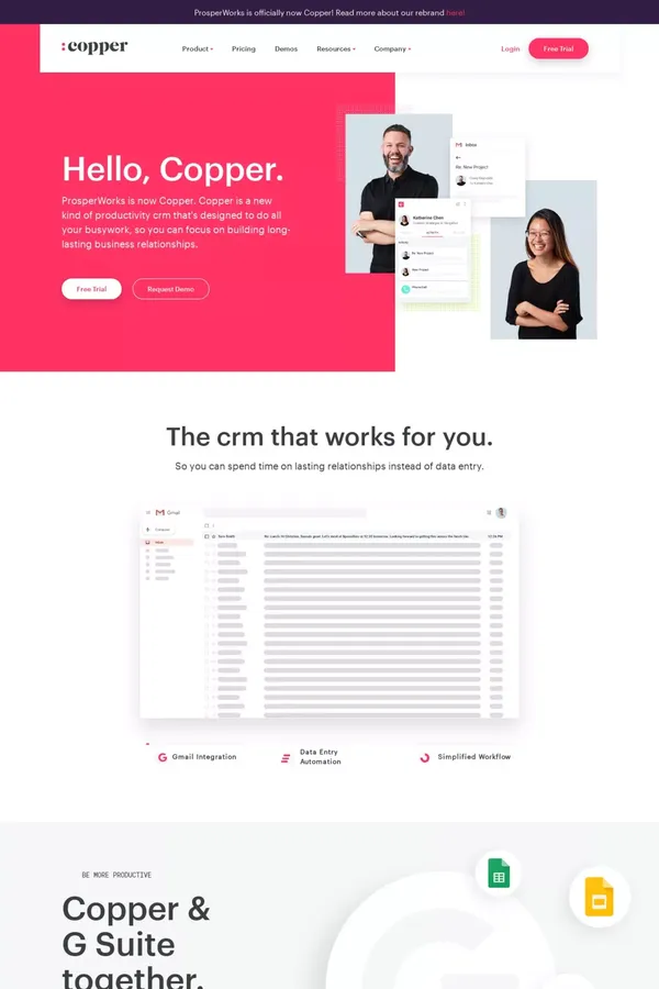 Copper: CRM Software Built For Google (Formerly ProsperWorks) - Landing design inspiration