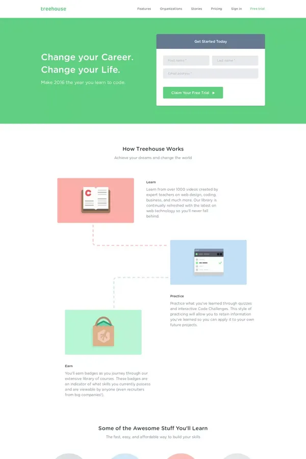 Start Learning at Treehouse for Free - Landing design inspiration