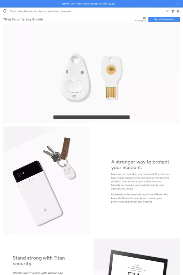 Titan Security Key Bundle, BT & NFC FIDO U2F - Google Store - Landing design inspiration