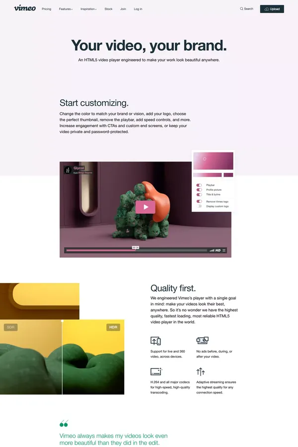 HTML5 online video player with 4K HD quality from Vimeo on Vimeo - Landing design inspiration