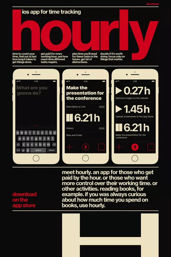 hourly, ios app for time tracking - Landing design inspiration