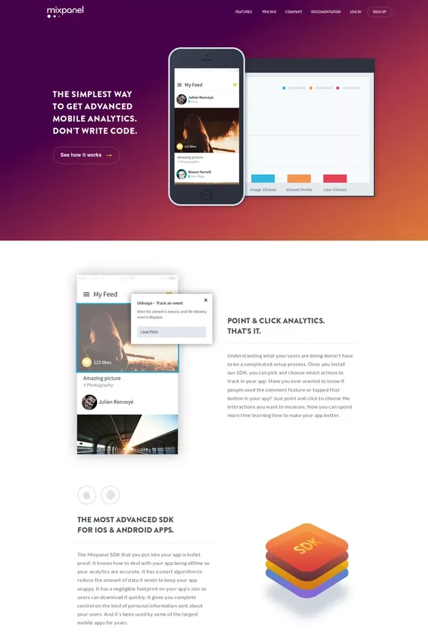 Codeless Mobile Analytics | Mixpanel - Landing design inspiration
