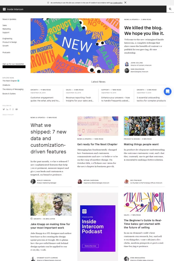 Inside Intercom - Articles on Sales, Marketing, Support and more - Blog design inspiration