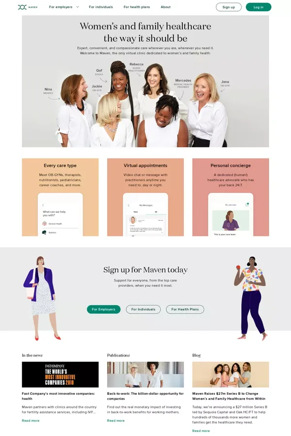 Maven – health & wellness designed for women. Video appointments with Doctors, Nurse Practitioners, Nutritionists and Pregnancy specialists, all from your computer or iPhone. - Landing design inspiration