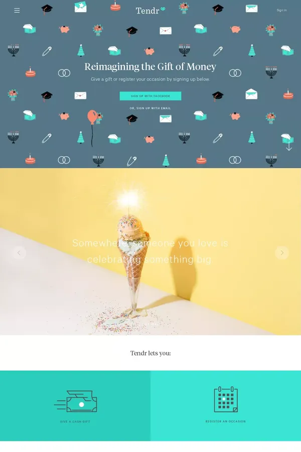 Tendr - The elegant way to give and receive cash gifts. - Landing design inspiration