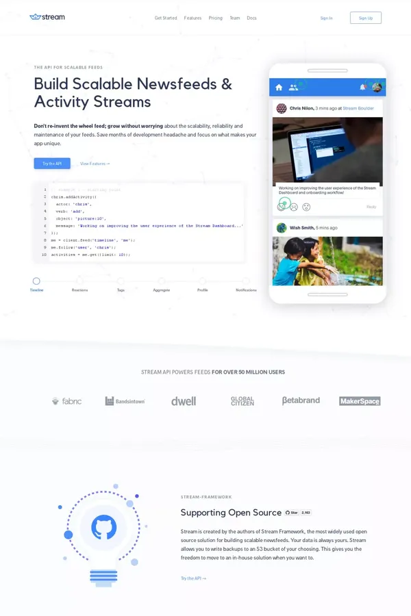 Stream | Your API for building activity streams - Landing design inspiration