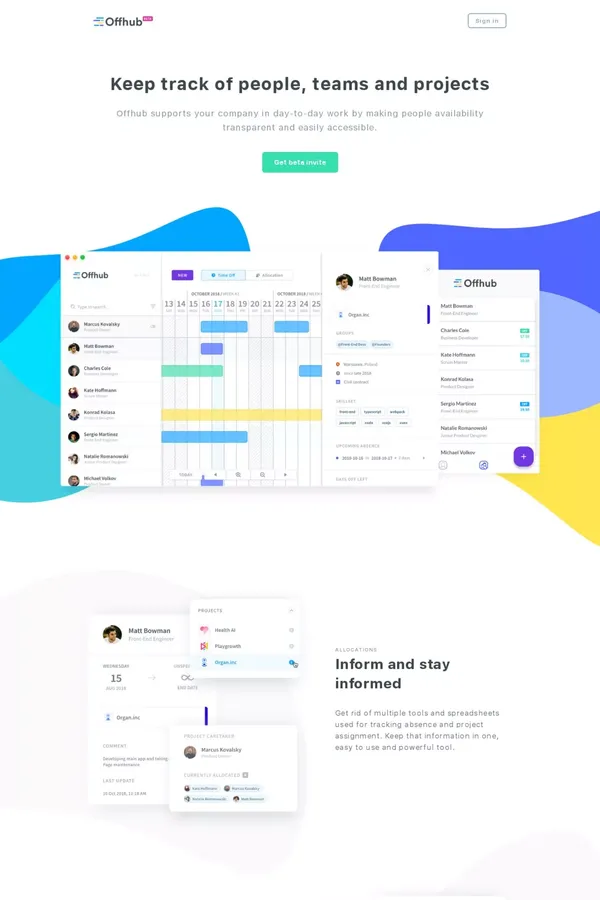Offhub ─ Keep track of people, teams and projects - Landing design inspiration