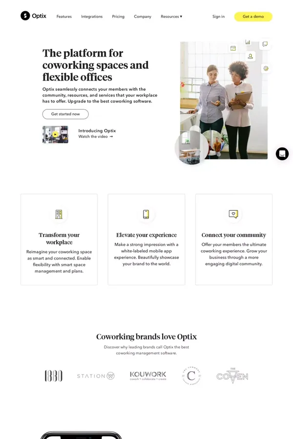 Mobile-first Coworking Management Software | Optix - Landing design inspiration