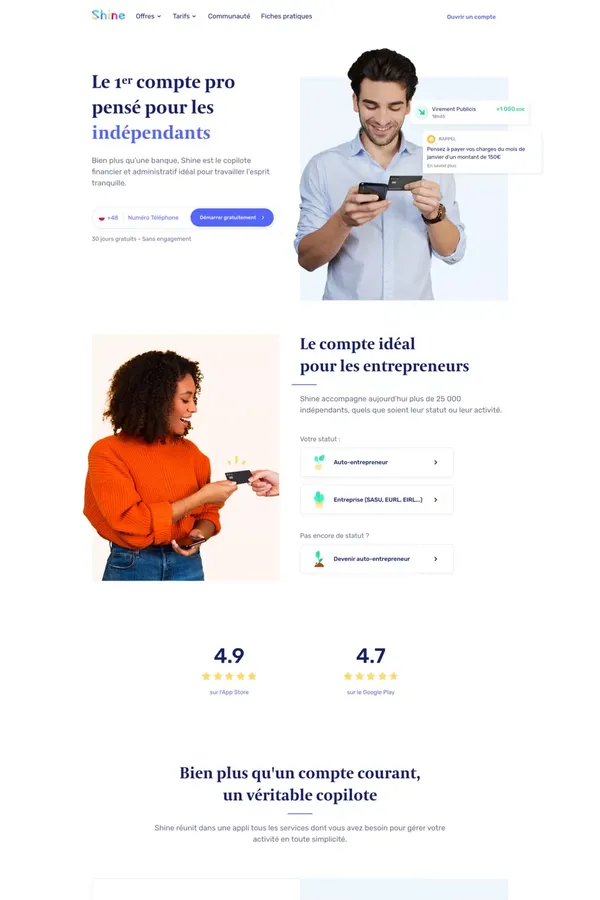 Shine - Le 1er compte pro en ligne des indépendants - Landing design inspiration