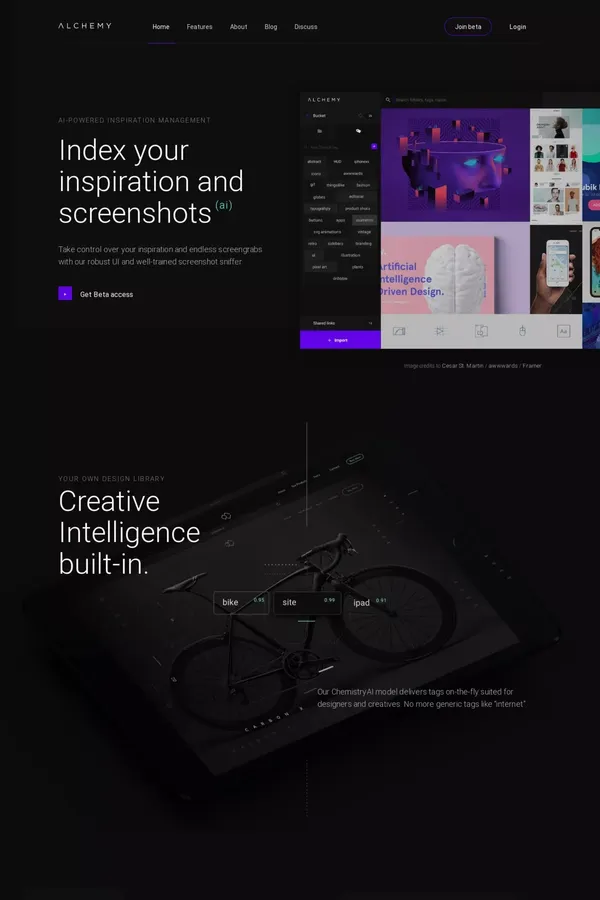 AI-driven inspiration and screenshot platform - Alchemy.is - Landing design inspiration