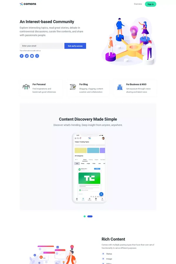 Comons | An Interest-based Community - Landing design inspiration
