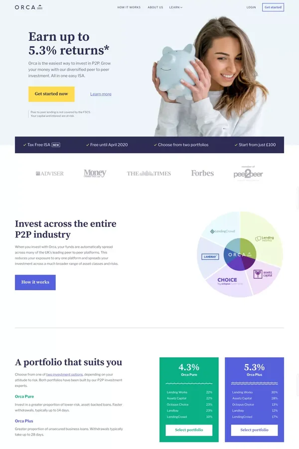 Diversified peer to peer investing in one easy ISA - Orca - Landing design inspiration