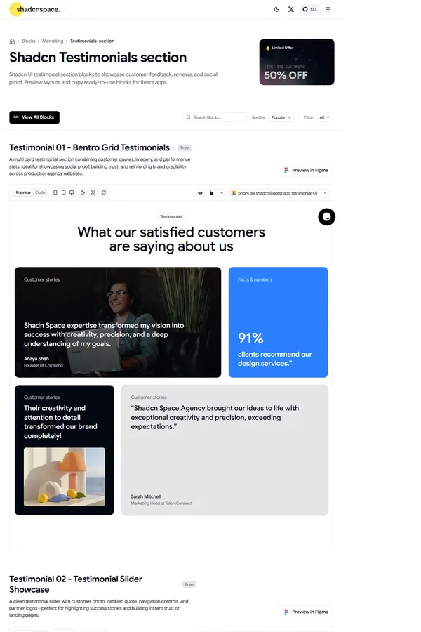 Shadcn Testimonials Sections