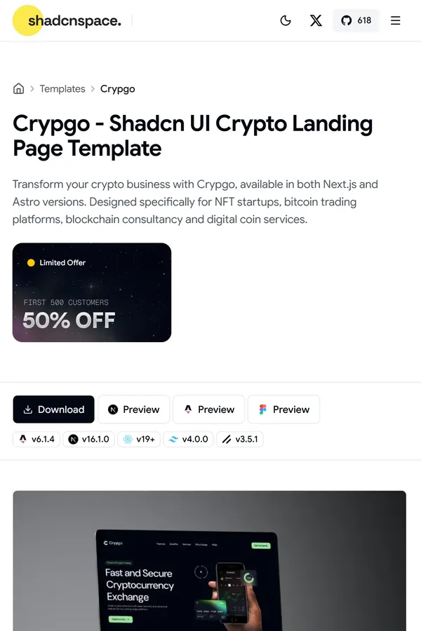 Crypgo - Shadcn UI Crypto Landing Page Template