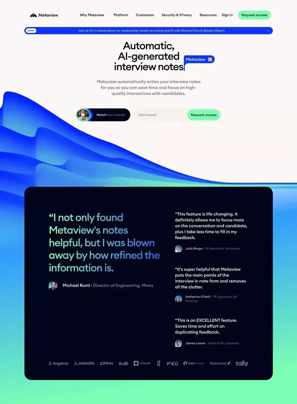 Automatic, AI-generated interview notes | Metaview - Landing design inspiration