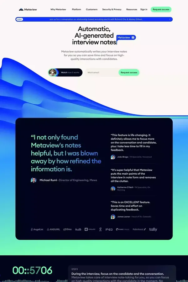 Automatic, AI-generated interview notes | Metaview - Landing design inspiration