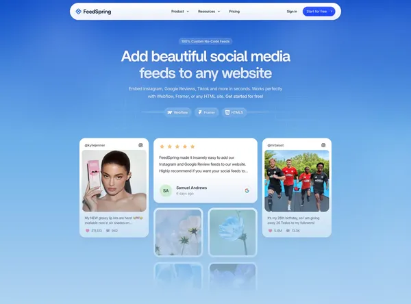 Social Feeds for Webflow, Framer, and HTML | FeedSpring - Landing design inspiration