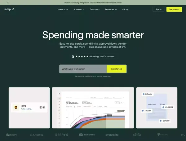 Spend Management, Corporate Cards & Accounts Payable Solutions | Ramp - Landing design inspiration