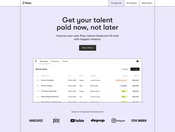 Peblo | Get your talent paid now, not later - Landing design inspiration