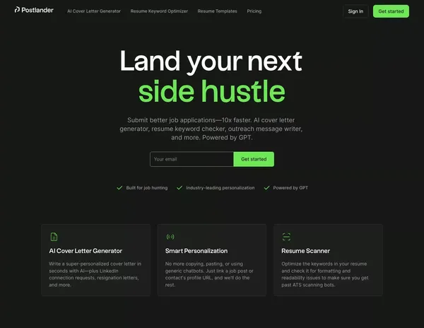 Postlander | AI Cover Letters, Resume Checker, and More - Landing design inspiration