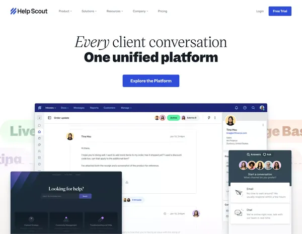 Help Scout: Shared Inbox, Help Center, & Live Chat Software - Landing design inspiration