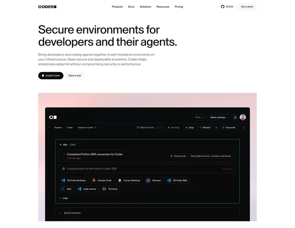 Coder | Cloud Development Environment: Remote & Self Hosted - Landing design inspiration