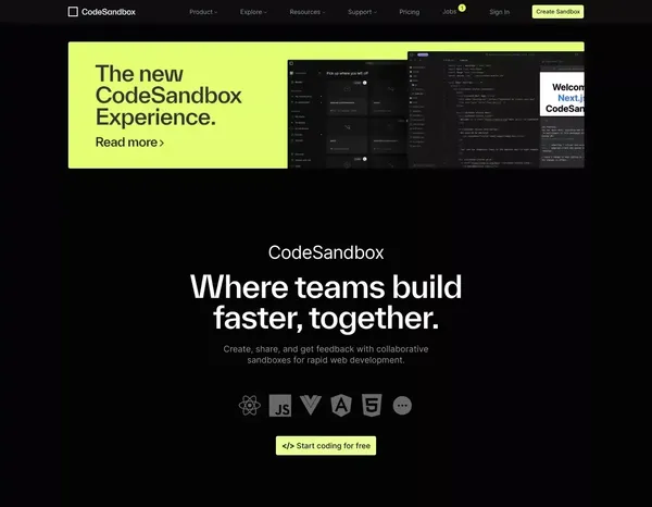 CodeSandbox: Online Code Editor and IDE for Rapid Web Development - Landing design inspiration