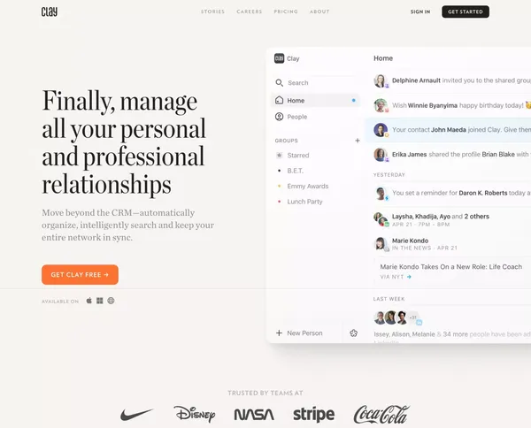 Clay - Be more thoughtful with the people in your network. - Landing design inspiration